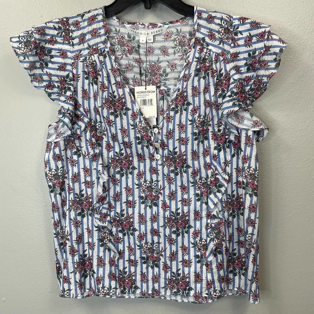 Veronica Beard Joi Top Womens 8 White Blue Floral Stripe Ruffles Sleeveless
